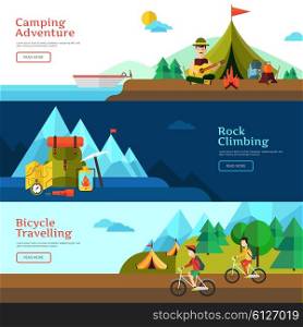 Camping Flat Banner Set. Camping flat horizontal banner set for web design and presentation vector illustration