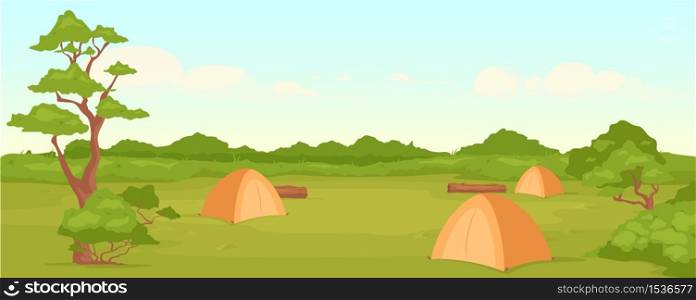Camping flat color vector illustration. Recreation in nature. Summertime active leisure. Backpacking journey. Campsite 2D cartoon landscape with green valley and woodland on background. Camping flat color vector illustration