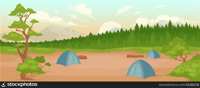 Camping flat color vector illustration. Recreation in nature. Summertime active leisure. Hiking adventure. Campsite 2D cartoon landscape with forest and mountains during sunrise on background. Camping flat color vector illustration