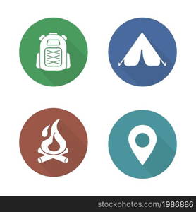 Camping flat design icons set. Boy-scout travel backpack symbol. Outdoor tourism tent symbol. Camp fireplace long shadow silhouette illustration. Gps location pictogram. Vector infographics elements. Camping flat design icons set