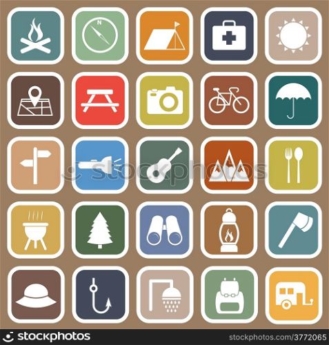 Camping flat icons on brown background, stock vector