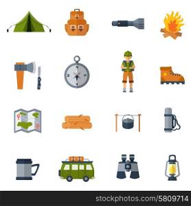 Camping flat icons set with binocular tent camper and firewood isolated vector illustration. Camping Flat Icons Set