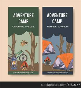 Camping flyer design with campfire, bicycle, tent, lantern watercolor illustration.