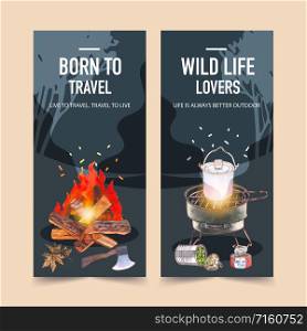Camping flyer design with grill stove, camp pot, bonfire watercolor illustration.