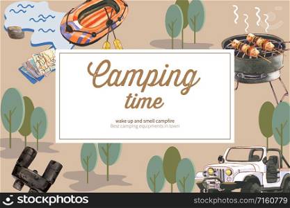 Camping frame design with boat, binoculars, canned food, car watercolor illustration.