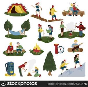 Camping funny flat retro mini compositions icons set with hiking mountain climbing people accessories situations vector illustration