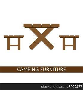 Camping Furniture Icon. Camping furniture vector icon. Wooden table and chairs in flat design isolated on white background.
