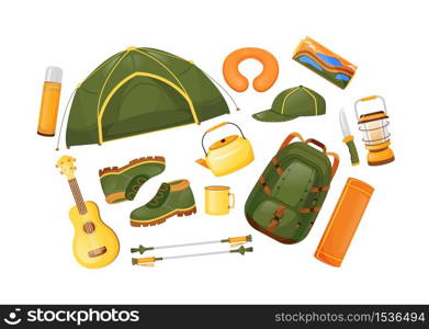 Camping gear flat color vector objects set. Travel equipment. Trekking poles. Tent and guitarra. Adventure journey. Hiking essentials 2D isolated cartoon illustration on white background. Camping gear flat color vector objects set