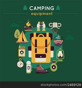 Camping green color composition with icon set on hiking and camping theme vector illustration. Camping Colored Composition