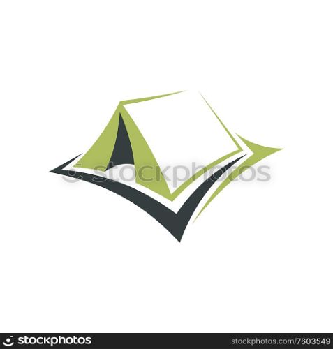 Camping green triangular tent isolated icon. Vector portable waterproof shelter, hiking sport equipment. Tent isolated camping hiking symbol