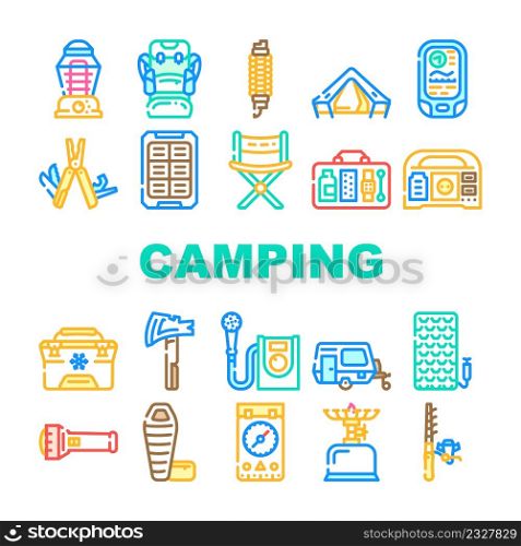Camping Hiker Tool And Gadget Icons Set Vector. Camping Trailer And Furniture, Freezer Bag And Mobile Shower, Multifunctional Survival Bracelet And Backpack Camper Accessory Color Illustrations. Camping Hiker Tool And Gadget Icons Set Vector
