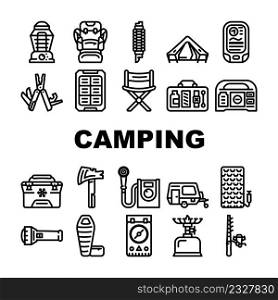Camping Hiker Tool And Gadget Icons Set Vector. Camping Trailer And Furniture, Freezer Bag And Mobile Shower, Multifunctional Survival Bracelet Backpack Camper Accessory Black Contour Illustrations. Camping Hiker Tool And Gadget Icons Set Vector