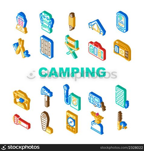 Camping Hiker Tool And Gadget Icons Set Vector. Camping Trailer And Furniture, Freezer Bag Mobile Shower, Multifunctional Survival Bracelet Backpack Camper Accessory Isometric Sign Color Illustrations. Camping Hiker Tool And Gadget Icons Set Vector