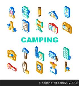 Camping Hiker Tool And Gadget Icons Set Vector. Camping Trailer And Furniture, Freezer Bag Mobile Shower, Multifunctional Survival Bracelet Backpack Camper Accessory Isometric Sign Color Illustrations. Camping Hiker Tool And Gadget Icons Set Vector