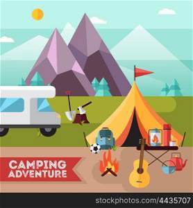 Camping Hiking Adventure Flat Background Poster. Camping and hiking adventure flat poster with tent guitar and snowy mountains peaks background abstract vector illustration