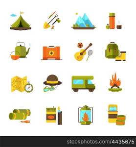 Camping Hiking Adventure Flat Icons Set . Camping and hiking adventure flat icons set with camper guitar and campfire pictograms abstract isolated vector illustration
