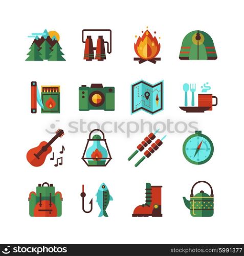 Camping Hiking Flat Icons Set. Camping hiking adventures accessories and attributes flat icons set with map compass and backpack abstract isolated vector illustration