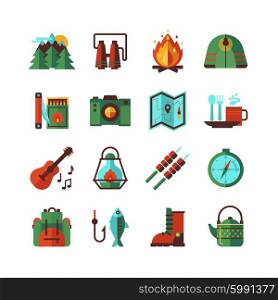 Camping Hiking Flat Icons Set. Camping hiking adventures accessories and attributes flat icons set with map compass and backpack abstract isolated vector illustration