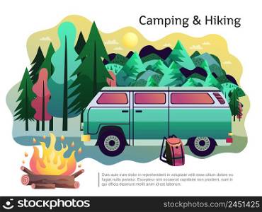 Camping hiking holiday adventure poster with open fire recreational vehicle and forest in background abstract vector illustration . Camping Hiking Poster