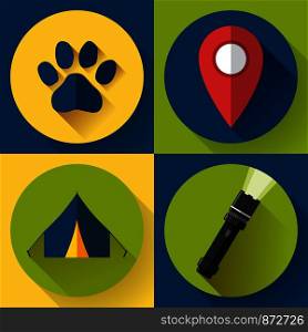 Camping Hiking icons set, flat design style vector. . Camping Hiking icons set, flat design style vector