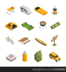 Camping Hiking Isometric Icon Set. Colored and isolated camping hiking isometric icon set with tools attributes and elements of camp vector illustration