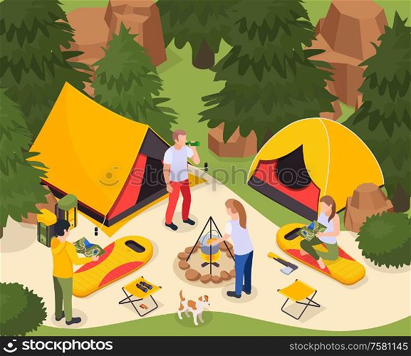Camping hiking touristic isometric composition with forest scenery and people with tents sleeping bags and campfire vector illustration