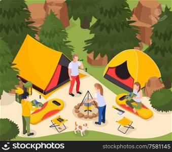Camping hiking touristic isometric composition with forest scenery and people with tents sleeping bags and campfire vector illustration