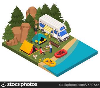 Camping hiking touristic isometric composition with outdoor view of camper van tents and people making campfire vector illustration