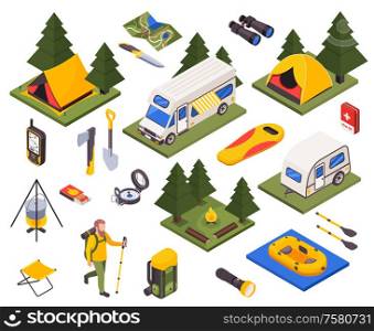 Camping hiking touristic isometric set with isolated images on blank background with vans tents and outfit vector illustration