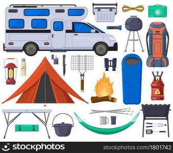 Camping hiking touristic tent, van, campfire elements. Hiking outdoor adventure equipment vector illustration set. Tourist camping equipment for relaxation or recreation, supplies for rest. Camping hiking touristic tent, van, campfire elements. Hiking outdoor adventure equipment vector illustration set. Tourist camping equipment