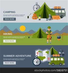 Camping horizontal banner set with hiking and summer adventure flat elements isolated vector illustration. Camping Banner Set