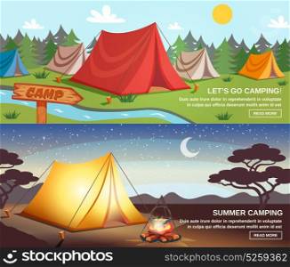 Camping Horizontal Banners. Camping day and night horizontal banners with tourist equipment signpost on natural landscape background isolated vector illustration