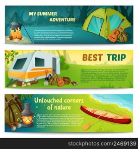 Camping horizontal banners set with summer adventure best trip virginal corners of nature isolated vector illustration. Camping Horizontal Banners Set