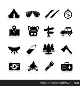 Camping icons black set with map backpack sign and car isolated vector illustration