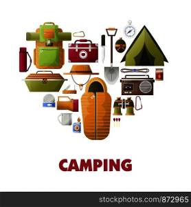 Camping icons heart for summer camp club poster. Vector camping tools for mountaineering and scout travel of tent, sleeping bag and backpack with binoculars, thermos or water flask and knife or axe. Summer camping vector poster of camp tools icons