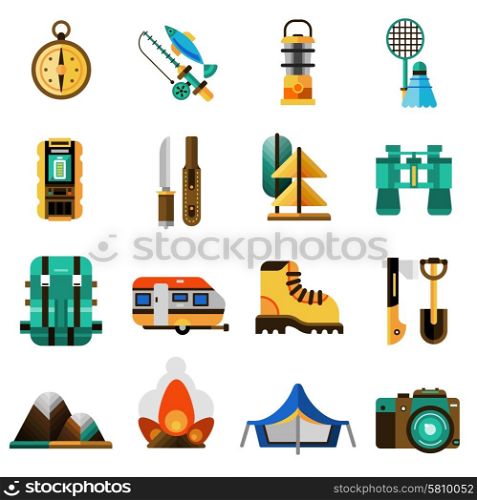 Camping Icons Set . Camping and rest icons set with tent trailer and camera flat isolated vector illustration