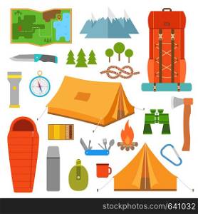 Camping icons set. Hike outdoor elements. Vector illustration