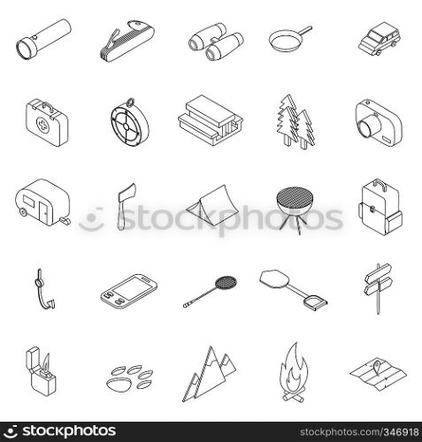Camping icons set in isometric 3d style isolated on white. Camping icons set, isometric 3d style