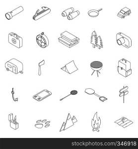 Camping icons set in isometric 3d style isolated on white. Camping icons set, isometric 3d style