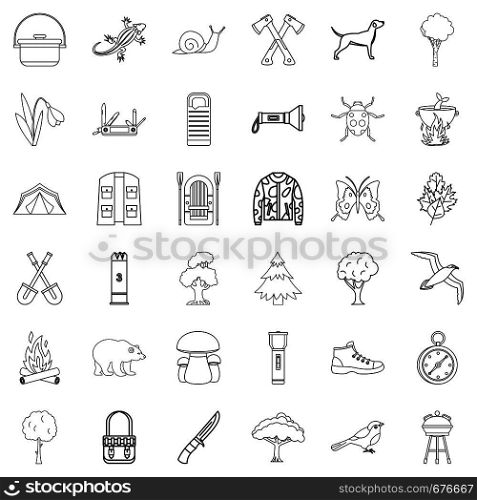 Camping icons set. Outline style of 36 camping vector icons for web isolated on white background. Camping icons set, outline style