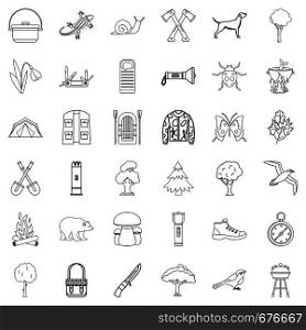 Camping icons set. Outline style of 36 camping vector icons for web isolated on white background. Camping icons set, outline style