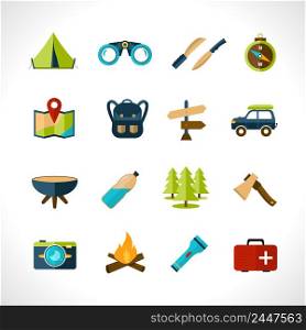 Camping icons set with tent binoculars knife compass isolated vector illustration. Camping Icons Set