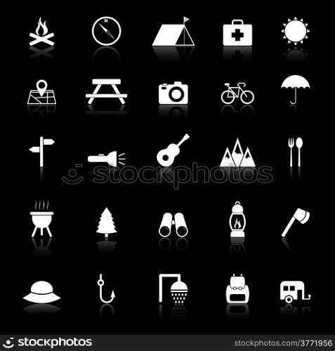 Camping icons with reflect on black background, stock vector