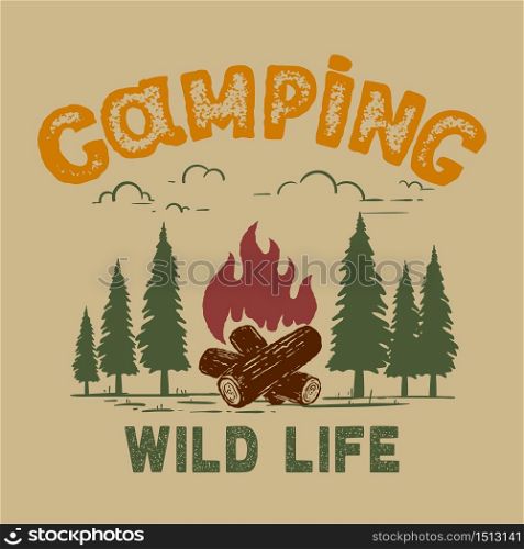 Camping. Illustration of tourist campfire in the woods. Design element for poster, card, banner, flyer, t shirt. Vector illustration