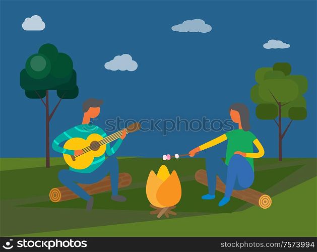 Camping in evening vector, people sitting by bonfire. Man playing guitar, guitar player male and woman holding stick with marshmallow, melting food. Camping in Evening, People Sitting by Bonfire