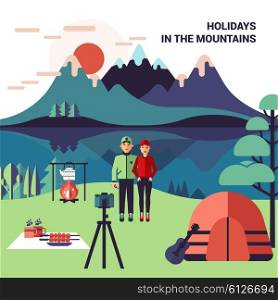 Camping In Mountains Vector Illustration. Camping in mountains flat vector illustration with people tent campfire and mountain landscape background
