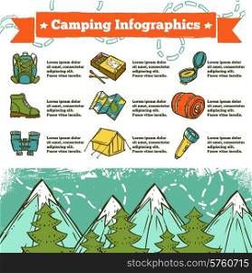 Camping infographics sketch set with outdoor recreation icons and mountains on background vector illustration. Camping Infographics Sketch