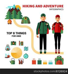 Camping Infographics With 8 Top Things For Hike. Camping infographics with 8 top things for hike and tourist statistics flat vector illustration