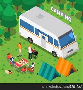 Camping Isometric Composition. Camping isometric composition with people, grilled meat, car, tents, table with chairs on forest background vector illustration