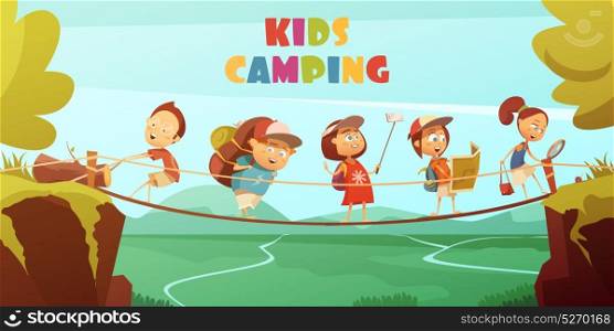 Camping Kids Background . Camping kids background with cliffs valley and bridge cartoon vector illustration